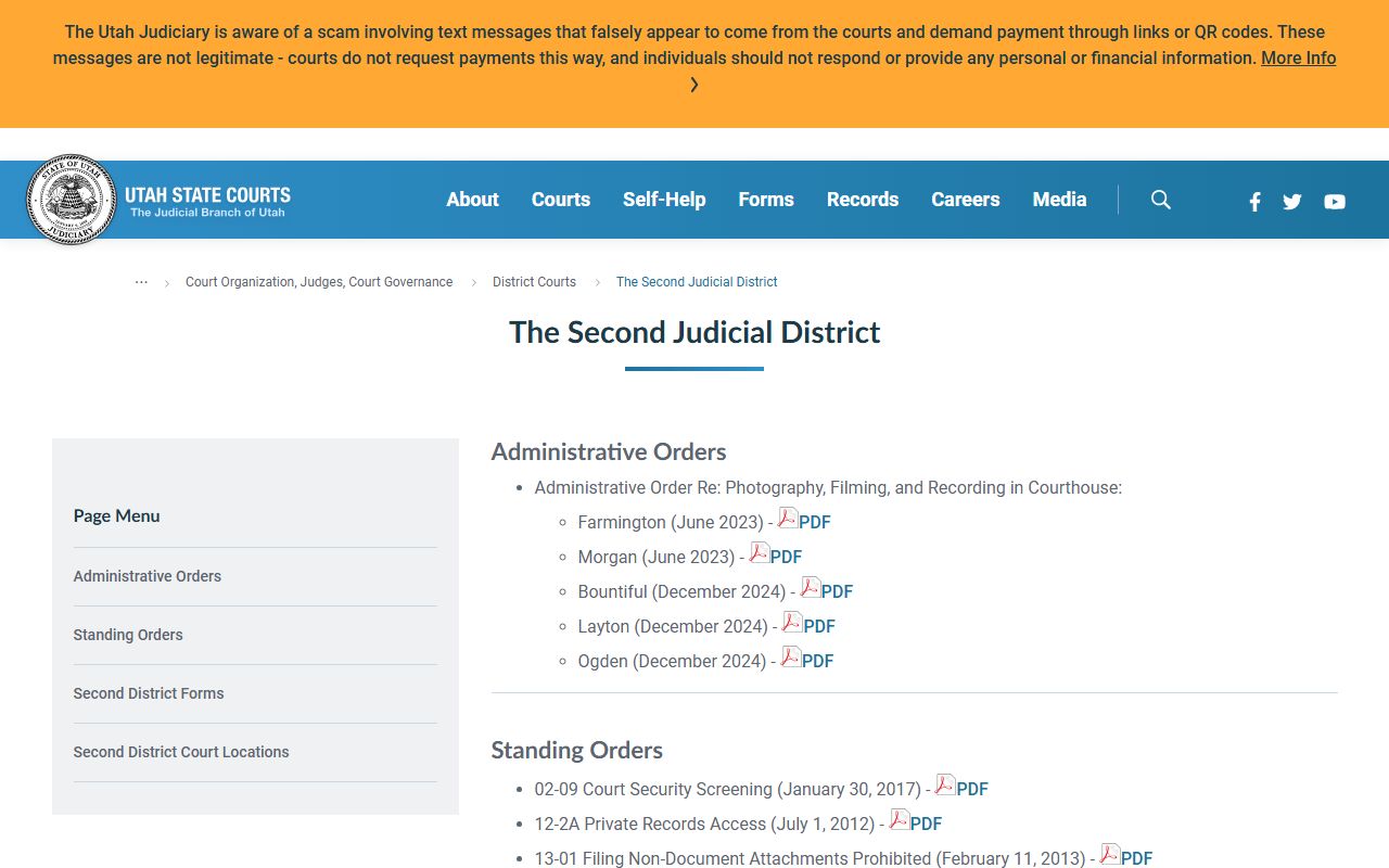 Utah Second Judicial District page covering the Weber County clerk of court