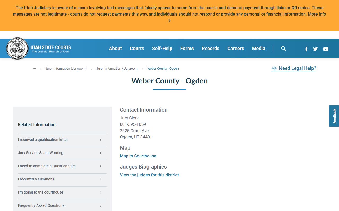 Weber County Ogden jury clerk contact page for the clerk of court