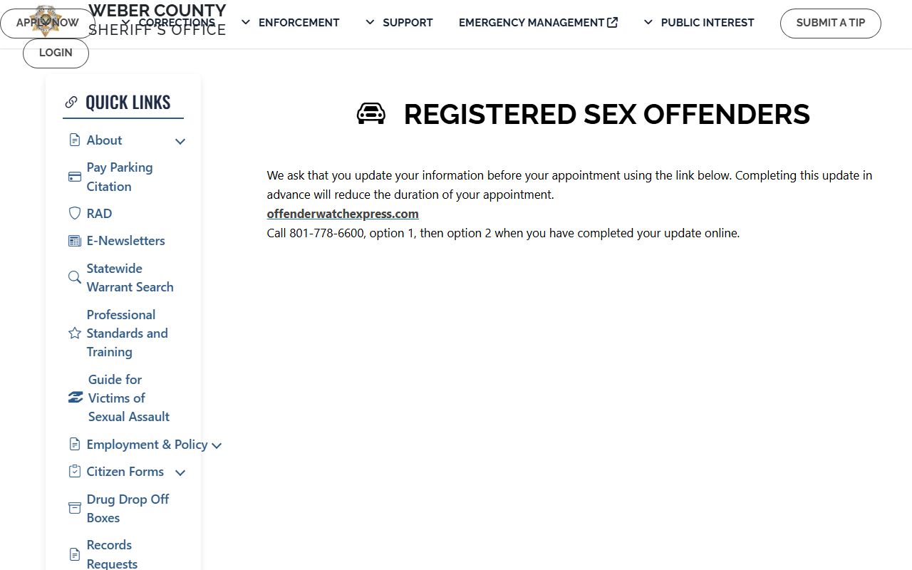 Weber County registered sex offender page related to court dockets and dispositions