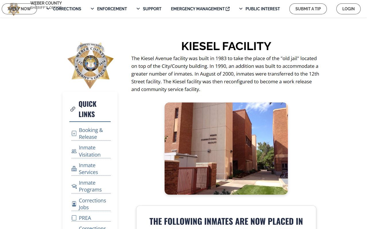 Weber County Kiesel facility page connected to court dockets and custody
