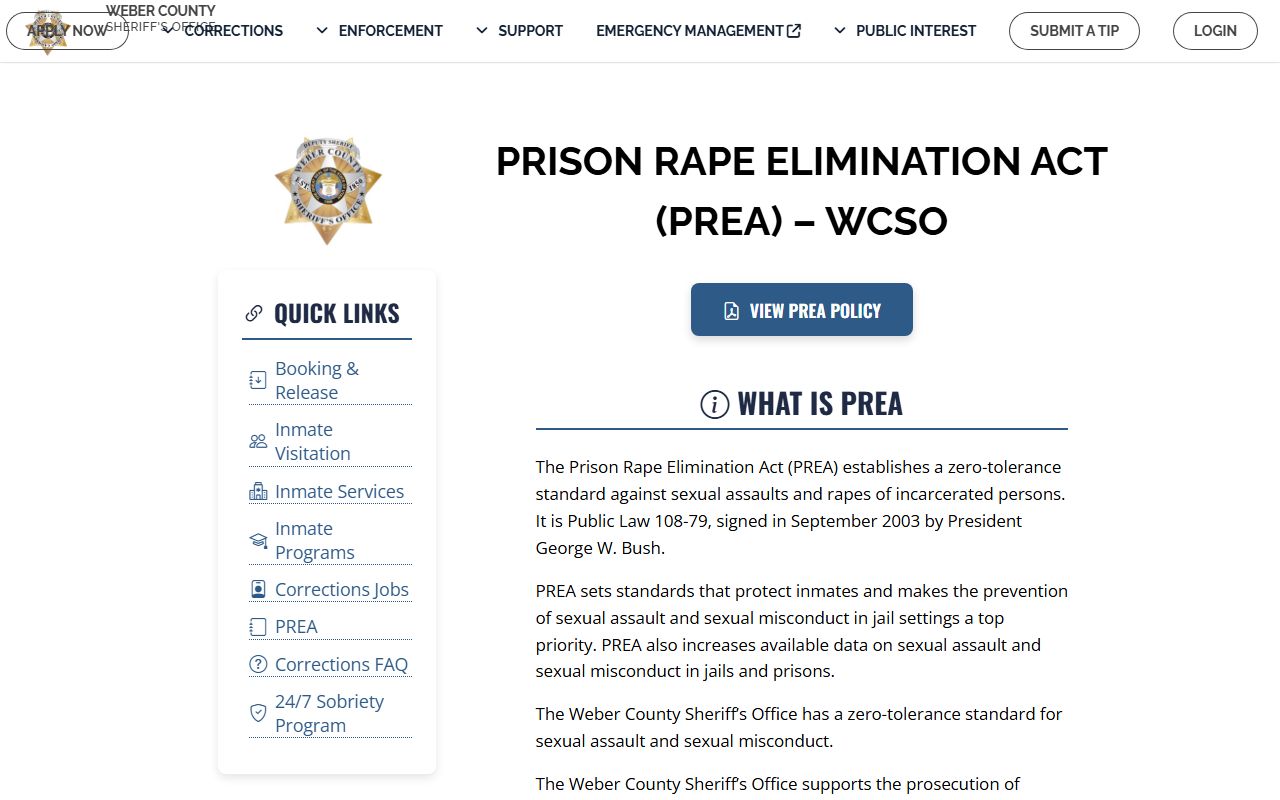 Weber County PREA page connected to court dockets and jail standards