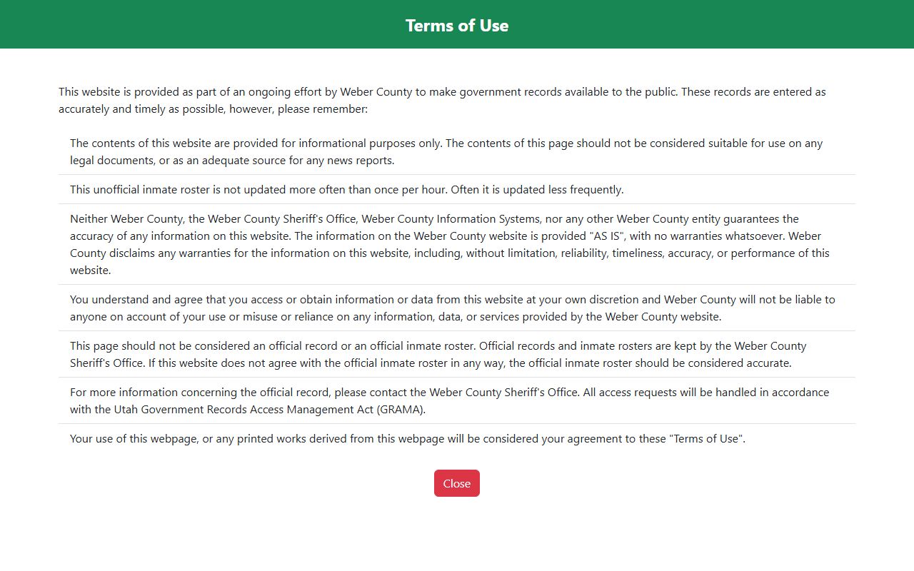 Weber County inmate roster terms of use for court records
