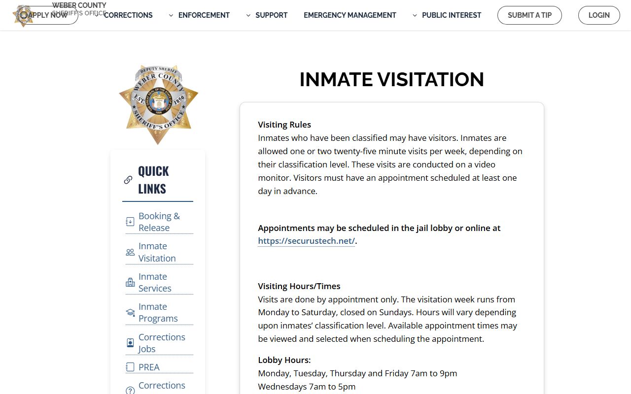 Weber County jail visitation page related to court records