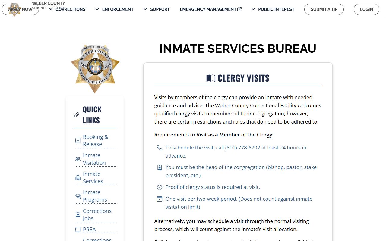 Weber County inmate services page connected to court records