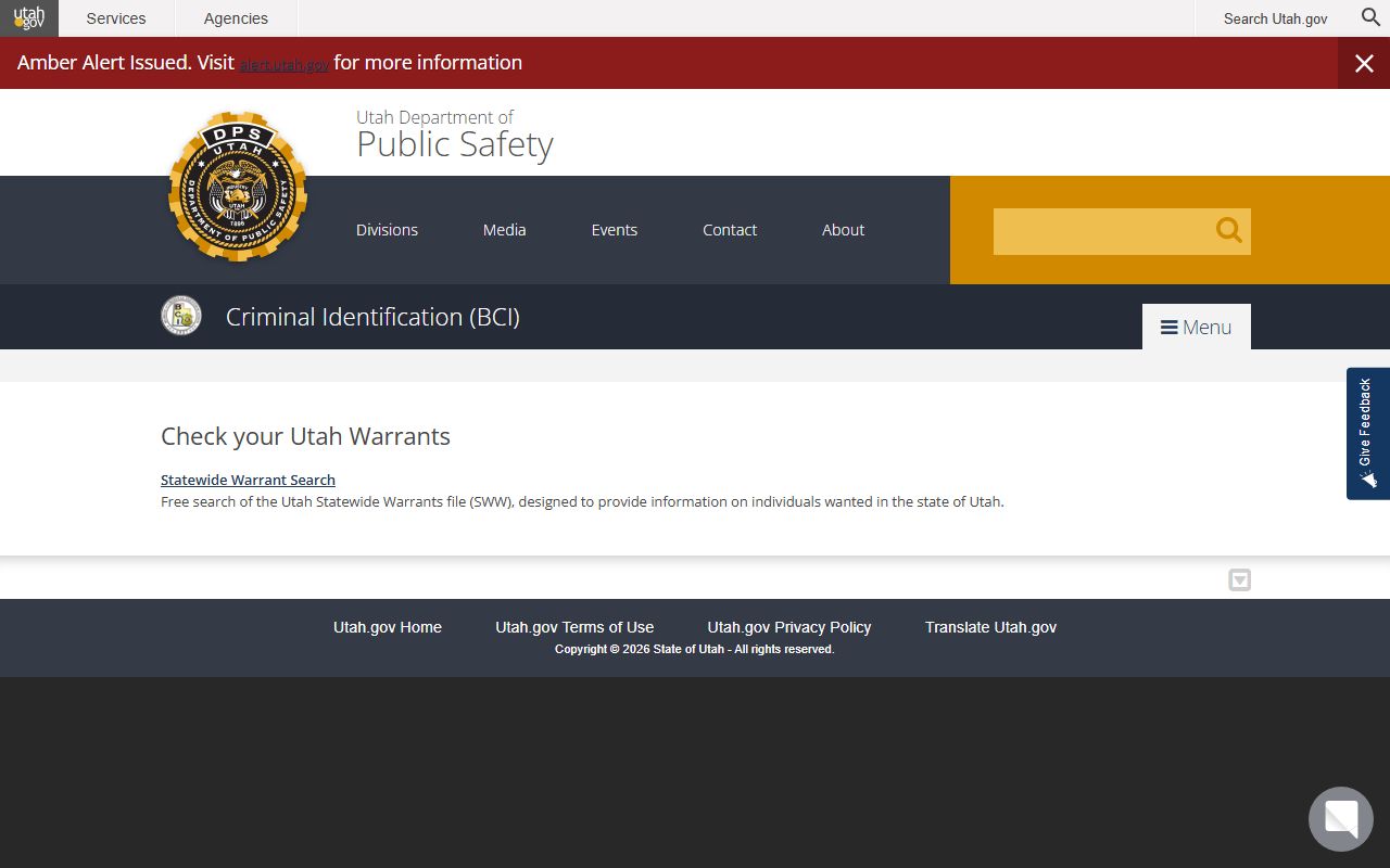 Utah DPS BCI warrant page tied to Weber County District Court warrants