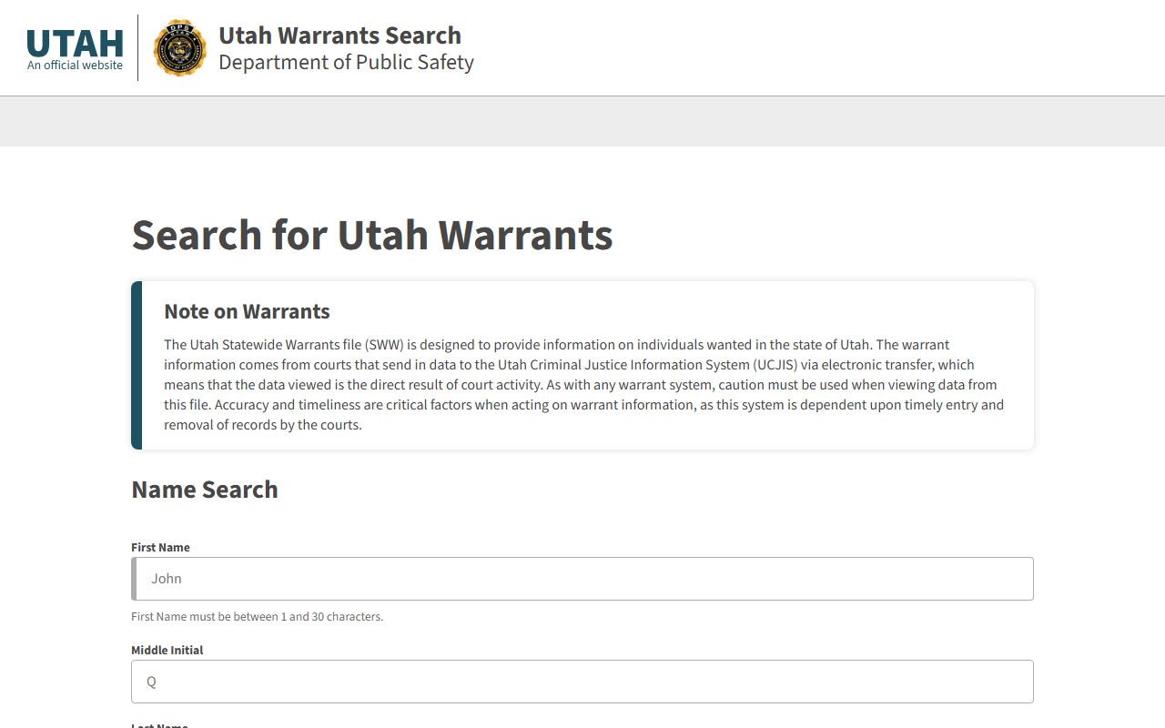 Utah Statewide Warrants portal for Weber County District Court warrants