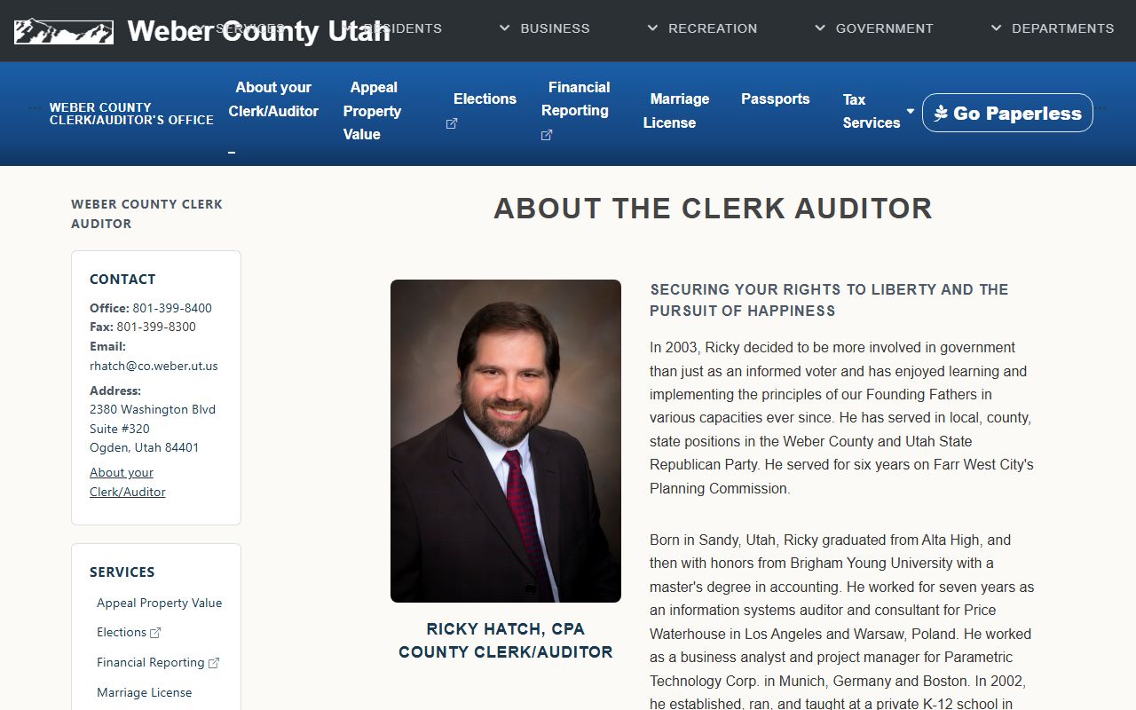 Weber County Clerk/Auditor biography page for public and court records
