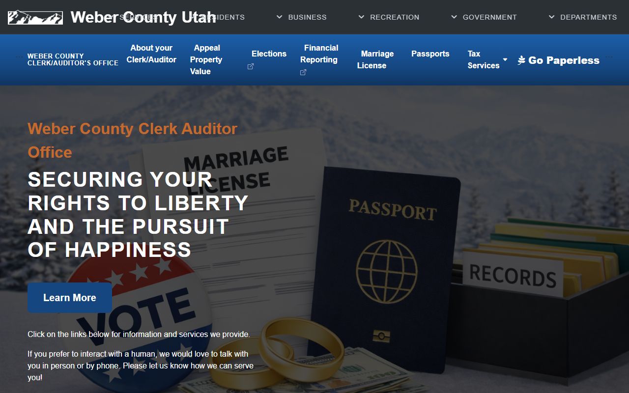 Weber County Clerk/Auditor landing page for marriage and county court records