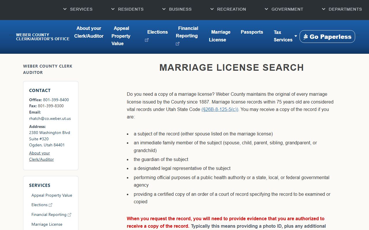 Weber County marriage license search for court and vital records
