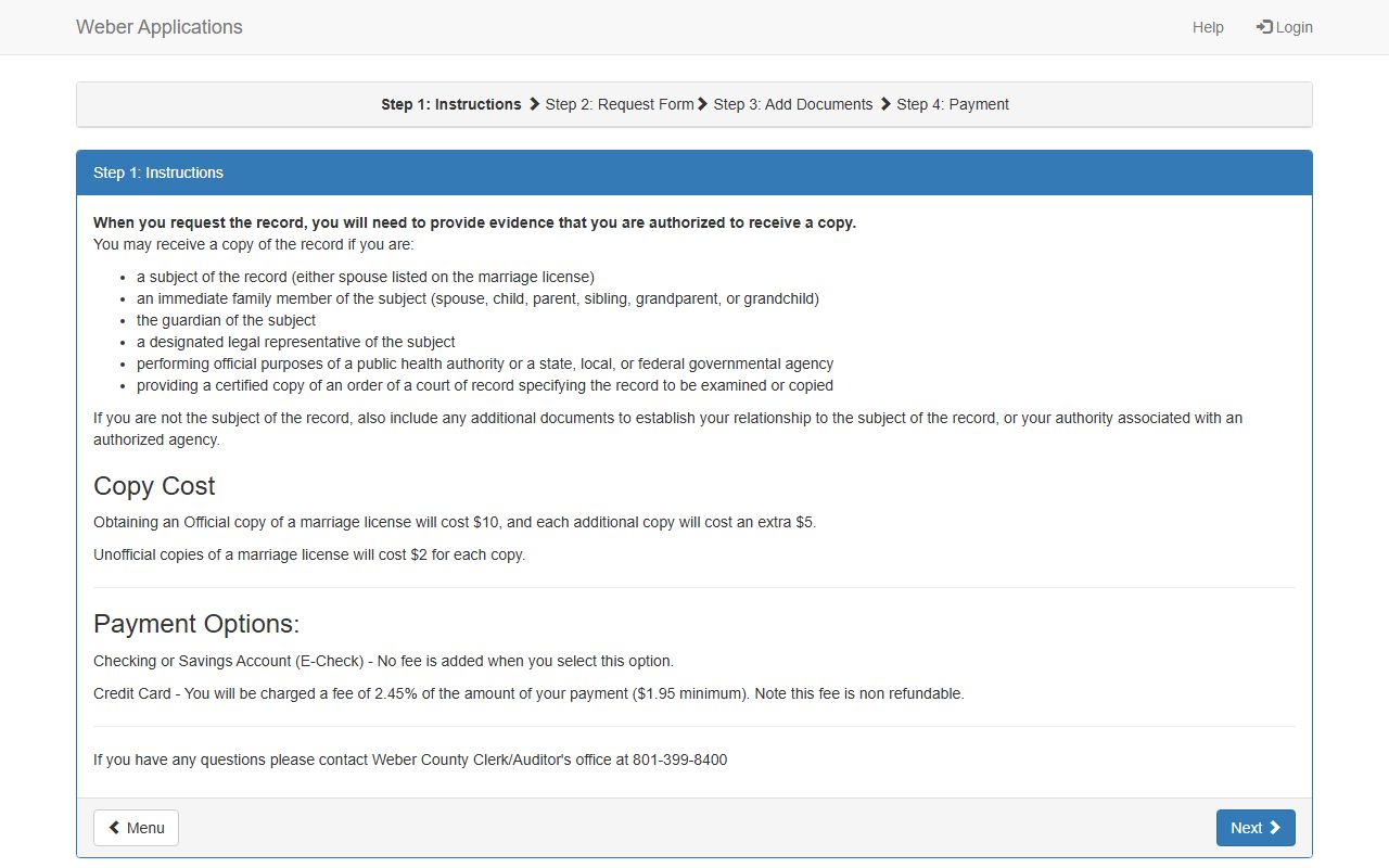 Weber County marriage license request gateway for vital and court records