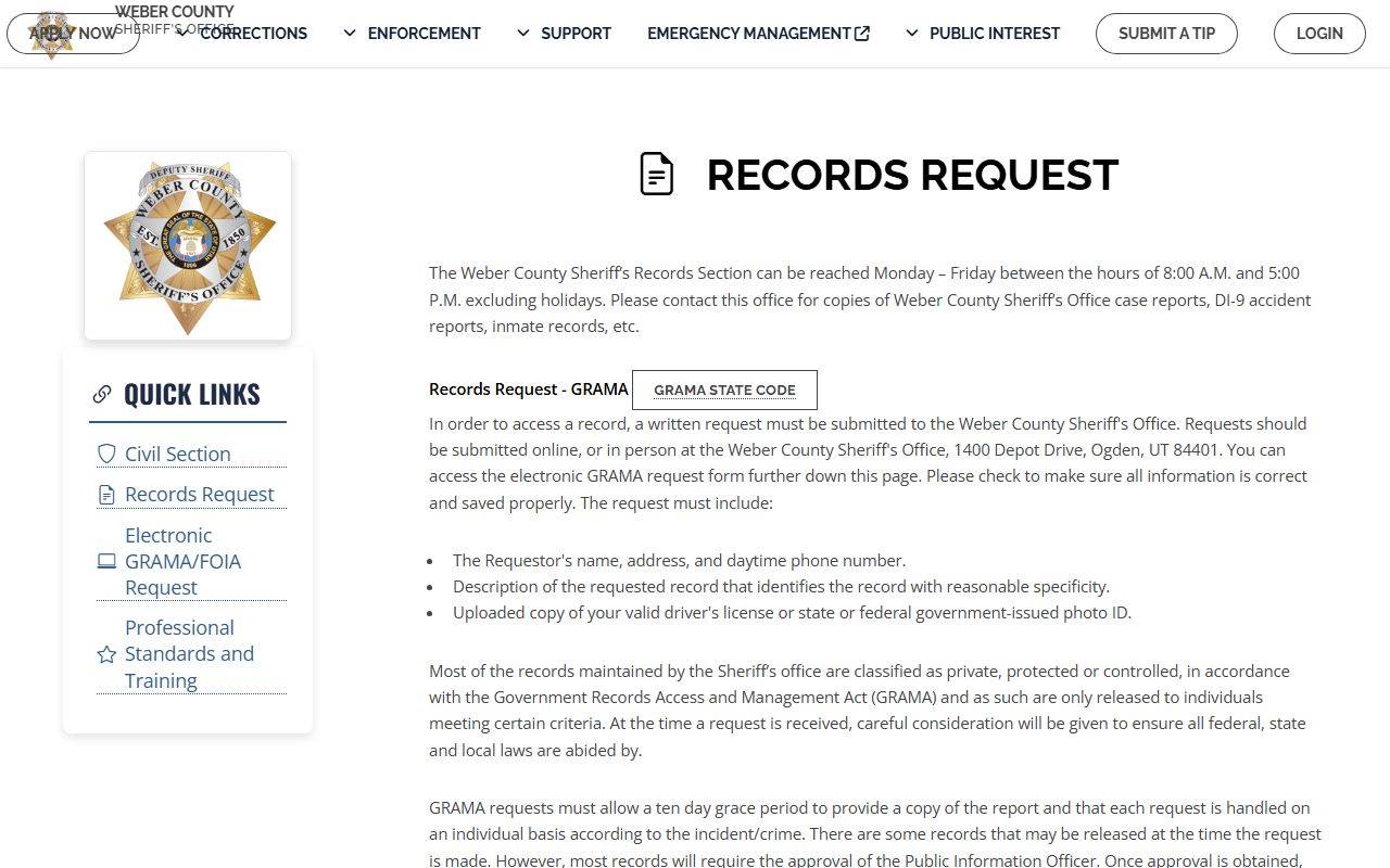 Weber County Sheriff records request page for law enforcement court records