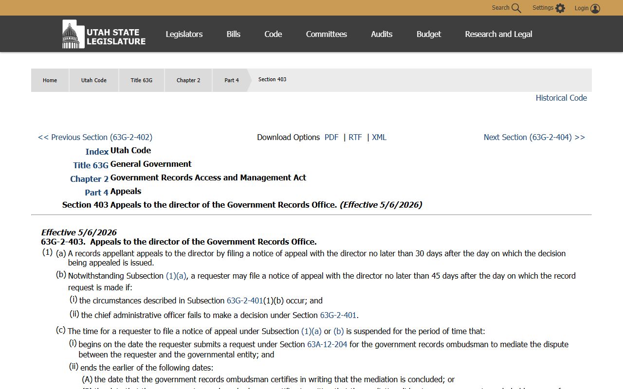 Utah Code 63G-2-403 appeals of access denials for Weber County inmate records