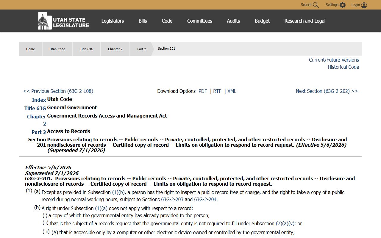 Utah Code 63G-2-201 right to inspect public records for Weber County inmate records