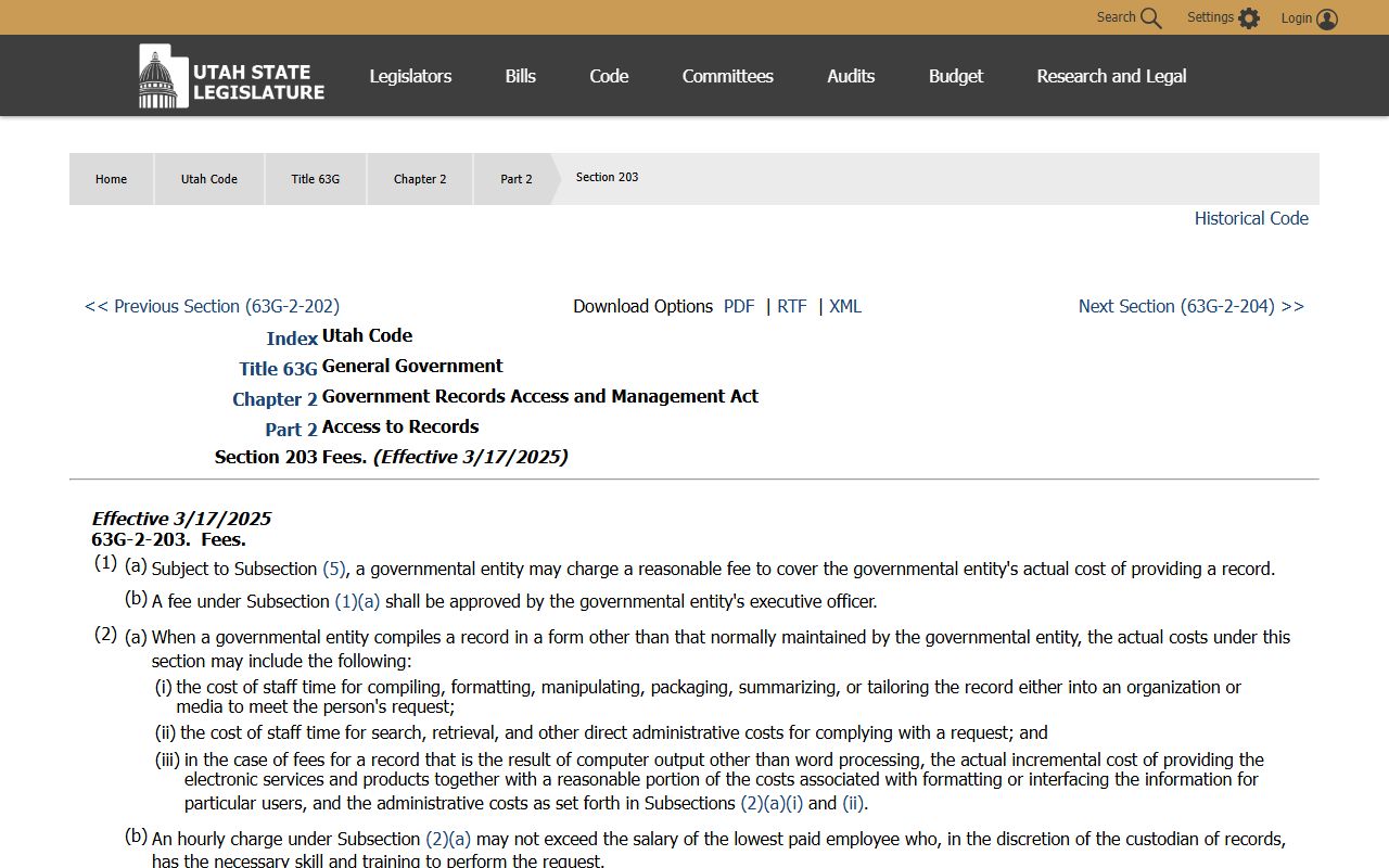 Utah Code 63G-2-203 records request fees for Weber County inmate records