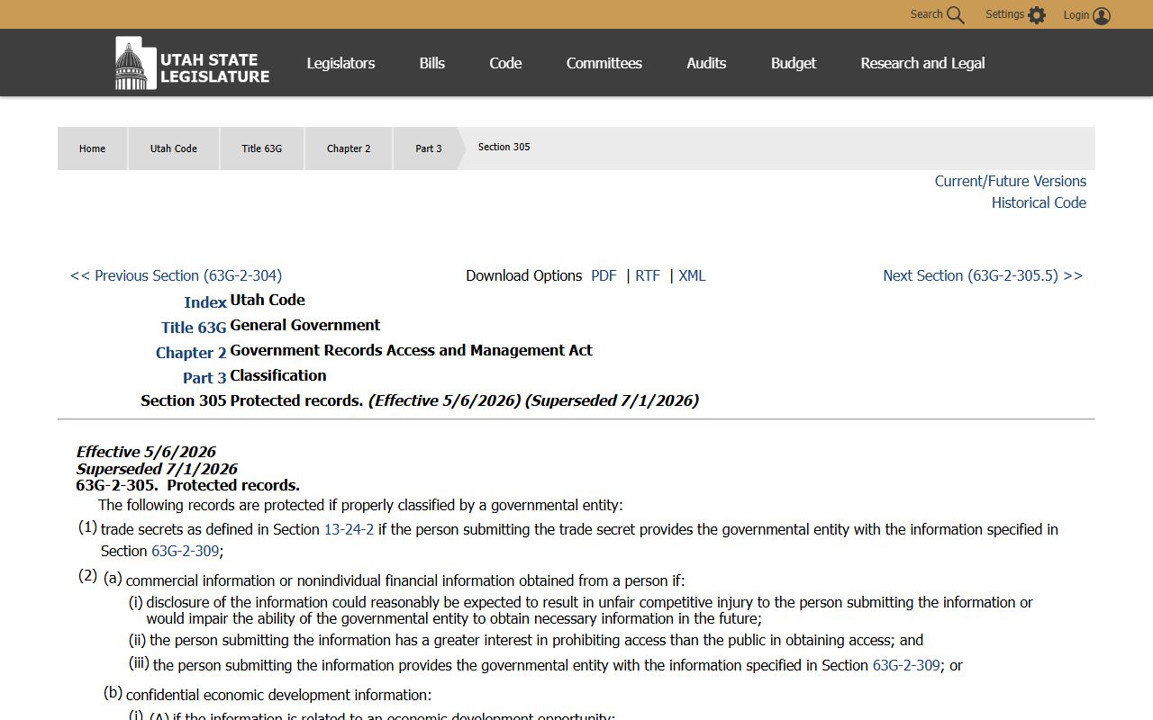 Utah Code 63G-2-305 protected records for Weber County inmate records