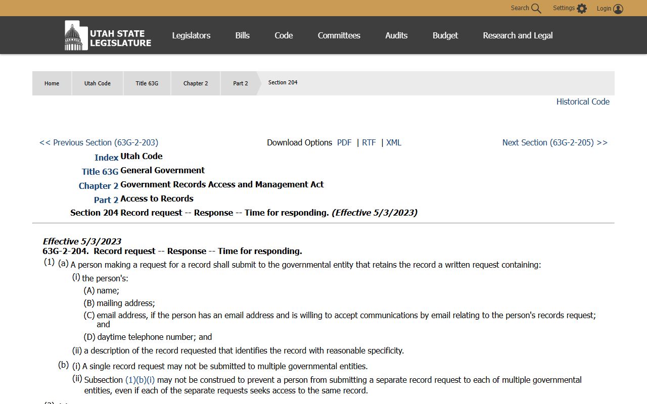 Utah Code 63G-2-204 request timing for Weber County inmate records