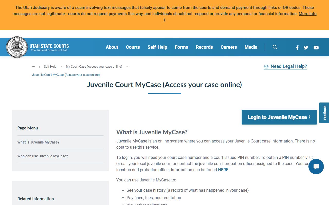 Juvenile MyCase page for Weber County guardianship of minors records