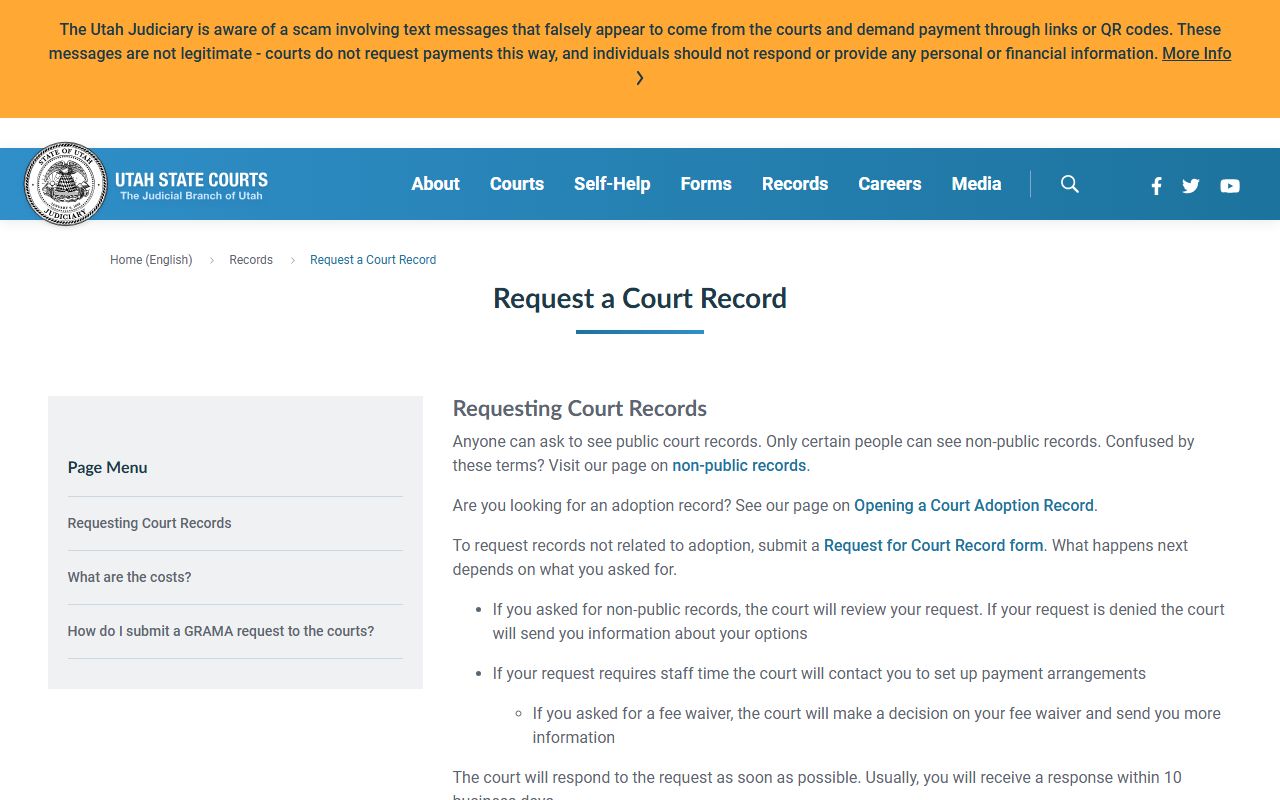 Utah Courts request a court record page for Weber County probate records