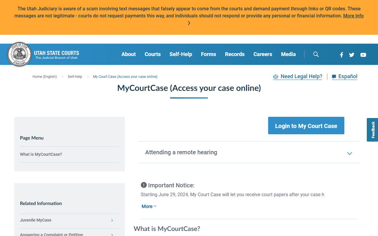 MyCase information page for Weber County party court record access