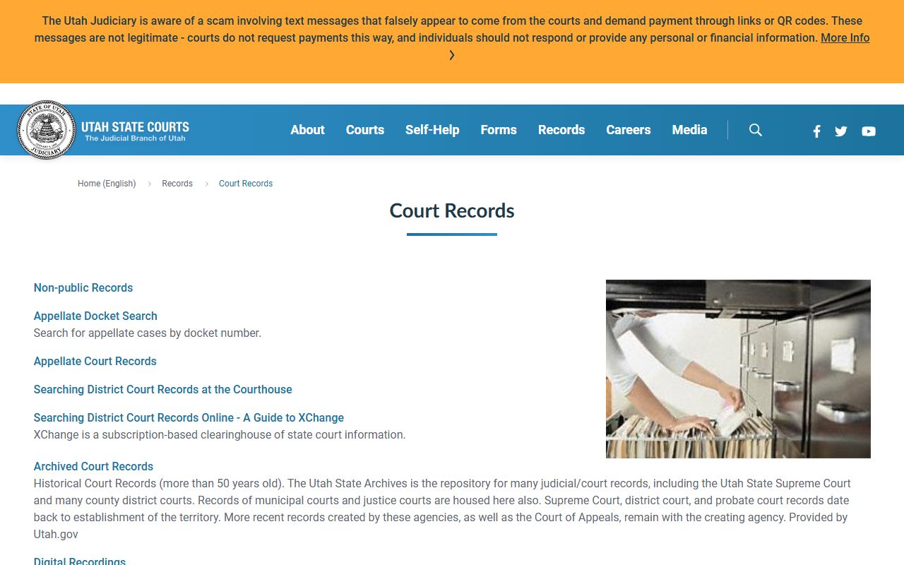 Utah Courts court records page for Weber County public records
