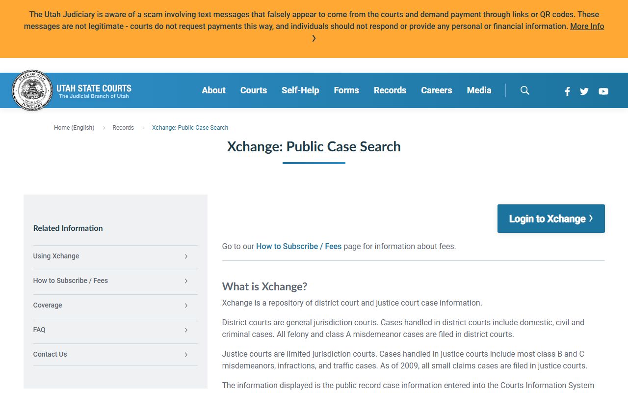 Utah Courts Xchange information page for Weber County public court records