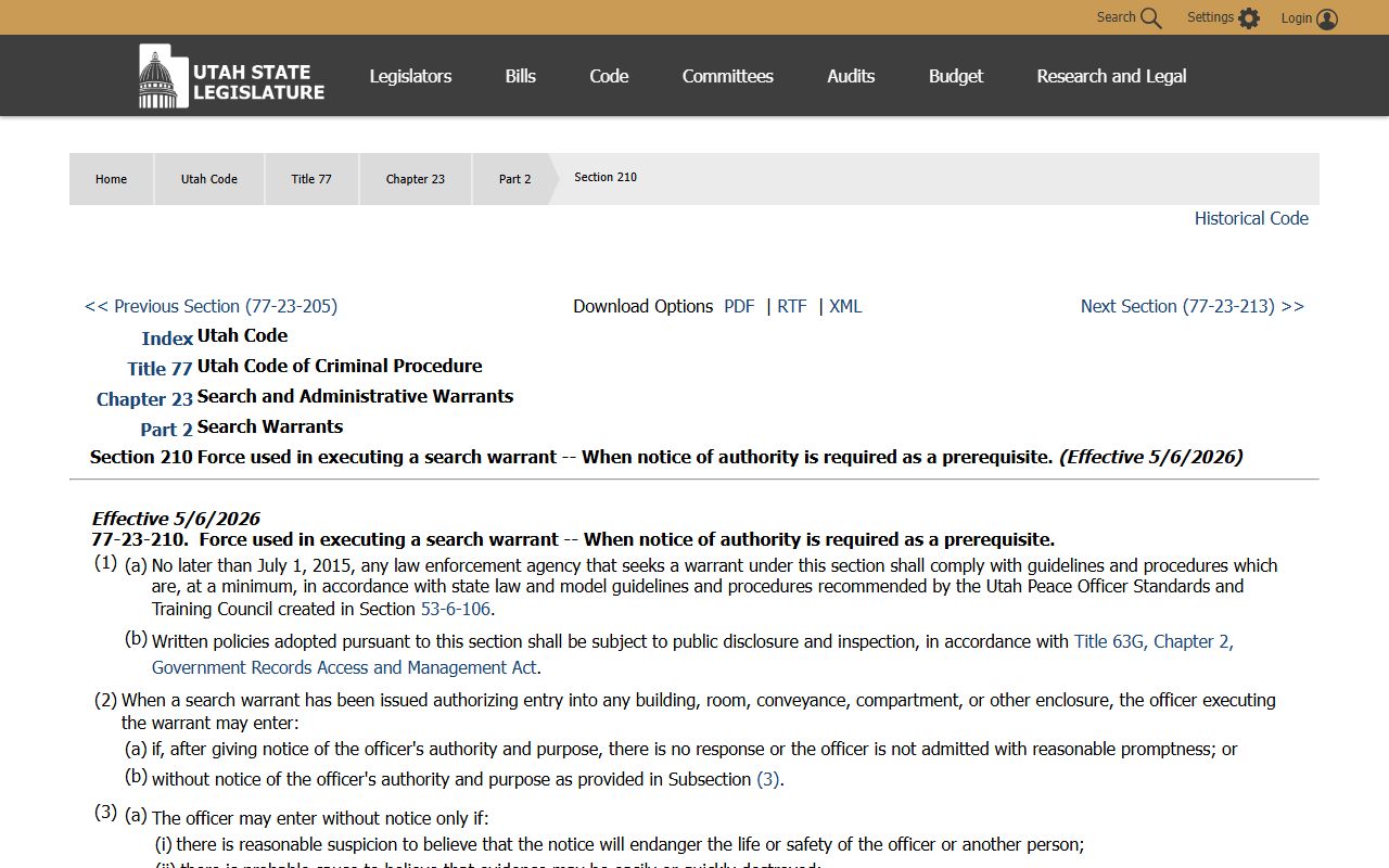 Utah Code 77-23-210 search warrant secrecy related to Weber County released inmates