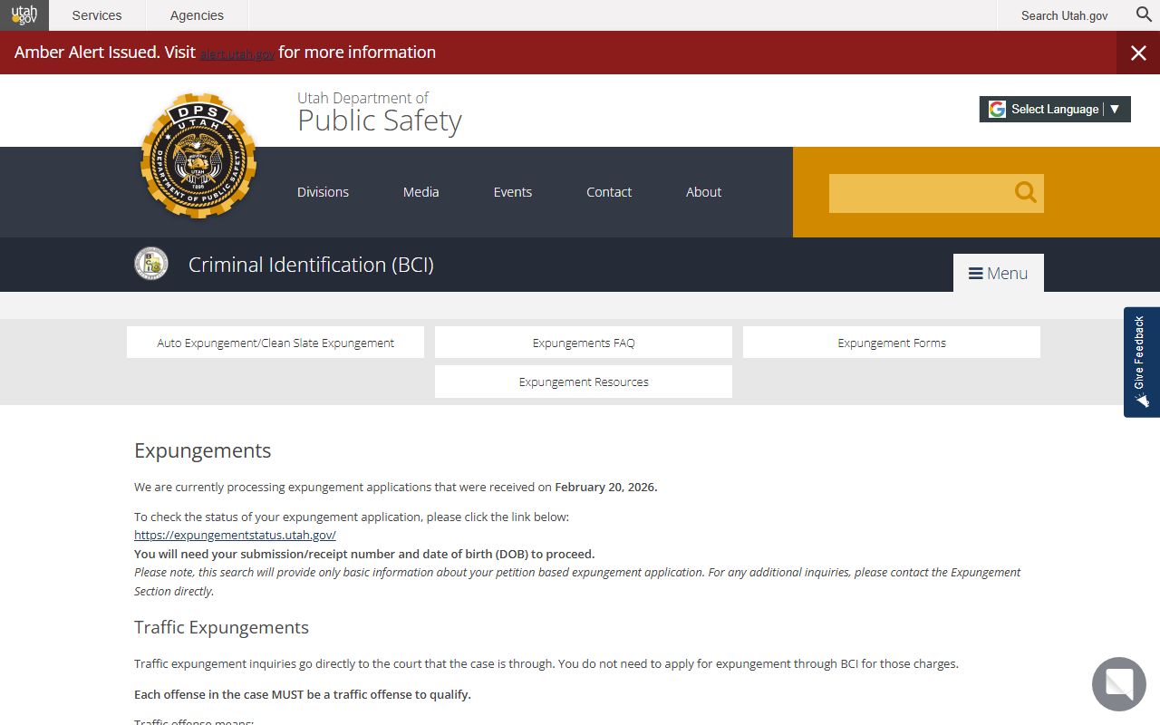 Utah BCI expungements page for Weber County traffic court records