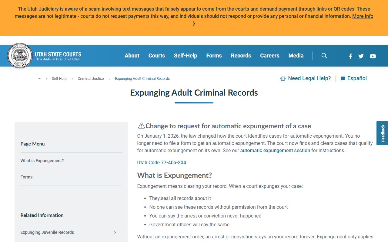 Utah Courts expungement self-help page for Weber County traffic records